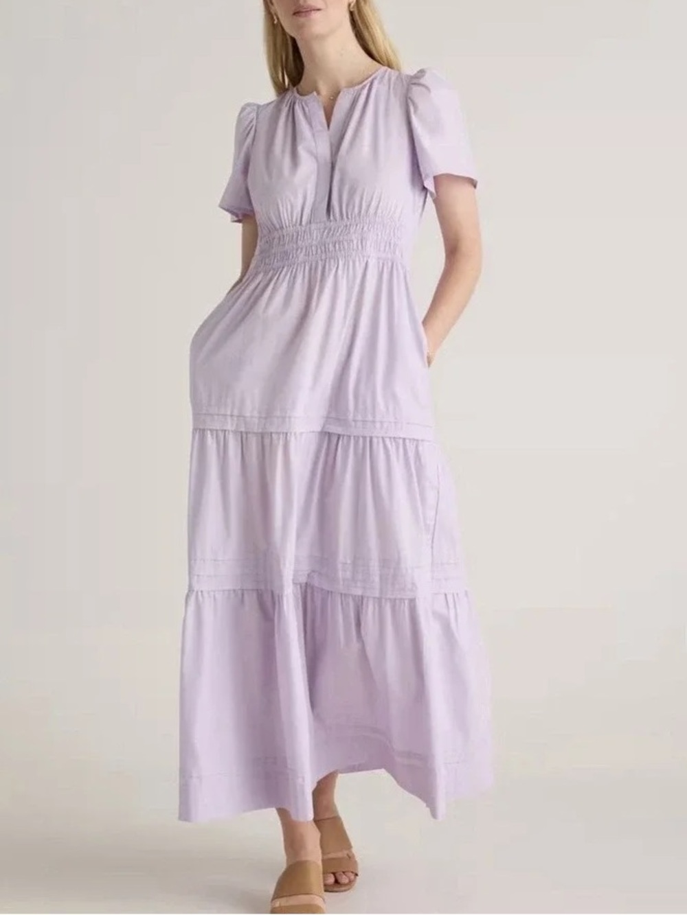 Quince Organic Cotton Poplin Tiered Maxi Dress Pastel Lilac Cottagecore XL